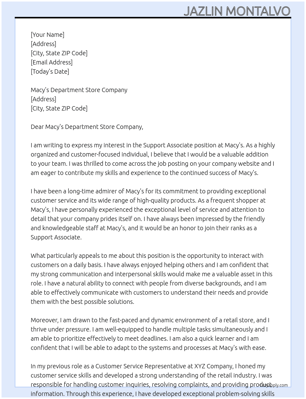 Support Associate At Macy's Cover Letter