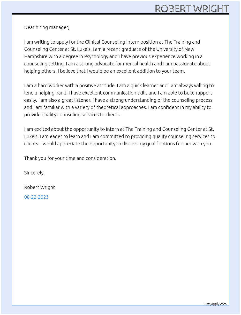 Clinical counseling intern At The Training and Counseling Center at St. Luke’s Cover Letter