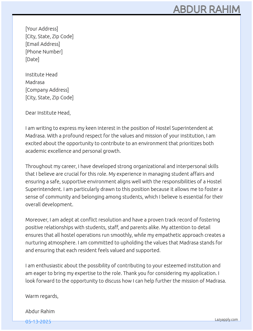 Hostel Superintendent At Madrasa Cover Letter