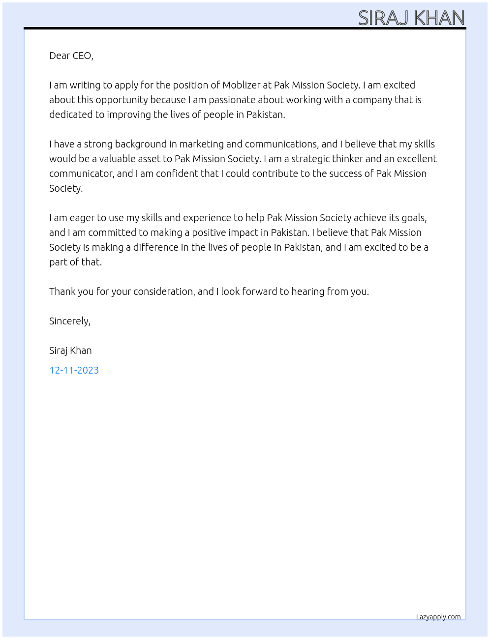 Moblizer At Pak Mission Society Cover Letter