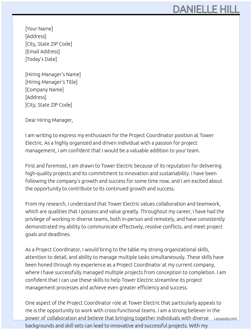 Project Coordinator  At Tower Electric  Cover Letter