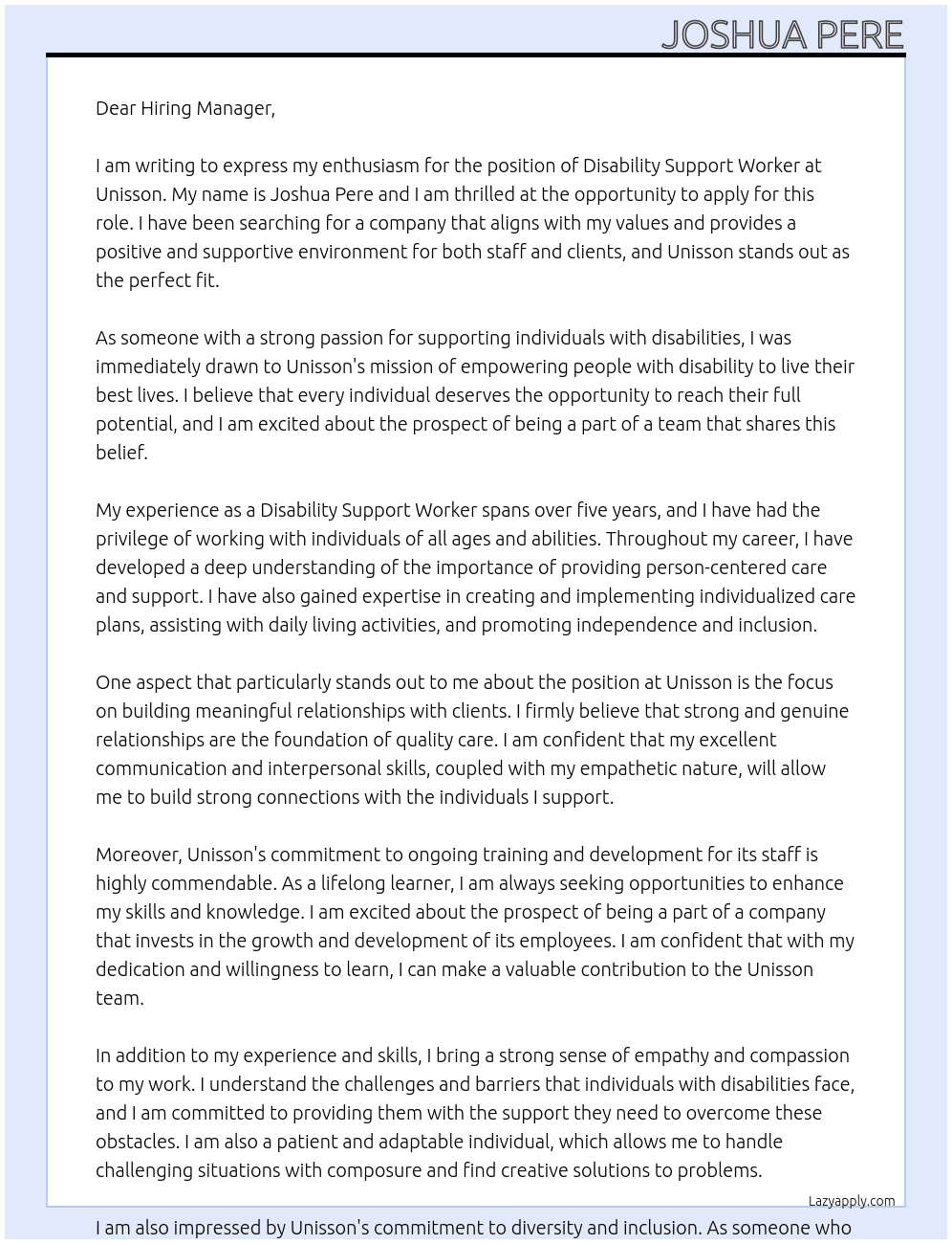 Disability Support Worker At Unisson Cover Letter