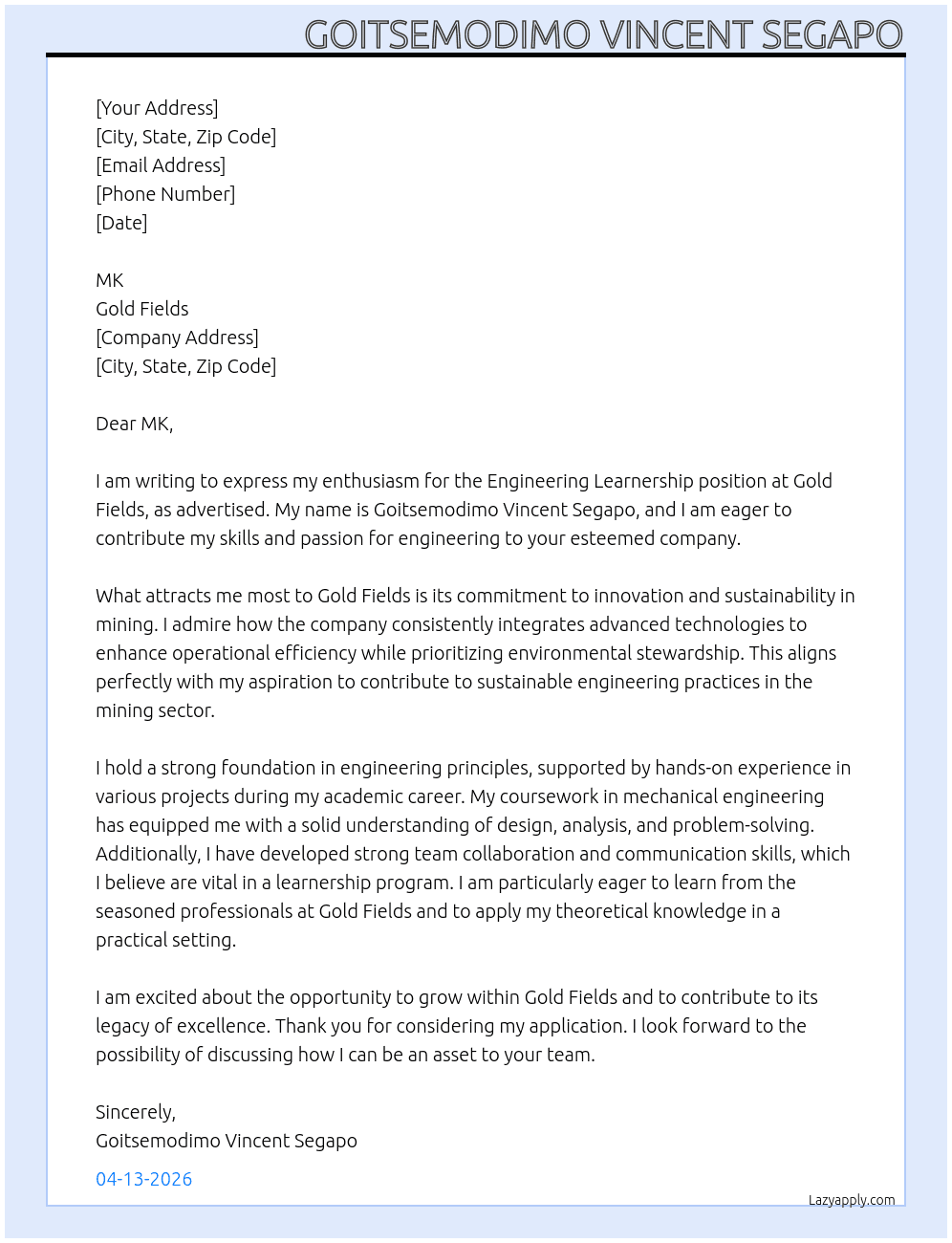 Engineering  Learnership At Gold Fields Cover Letter