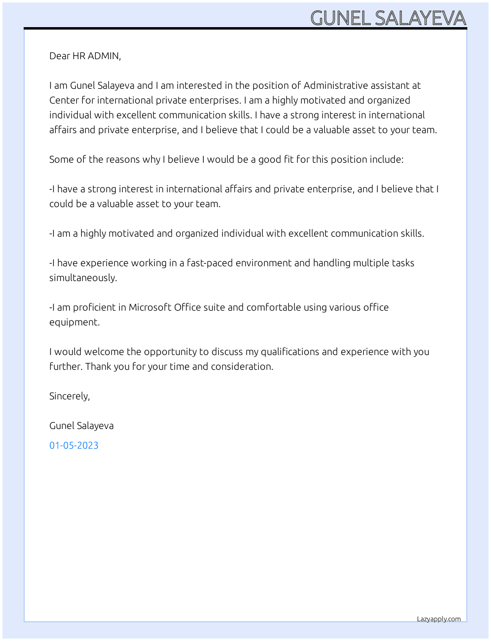 Administrative assistant  At Center for international private enterprises  Cover Letter
