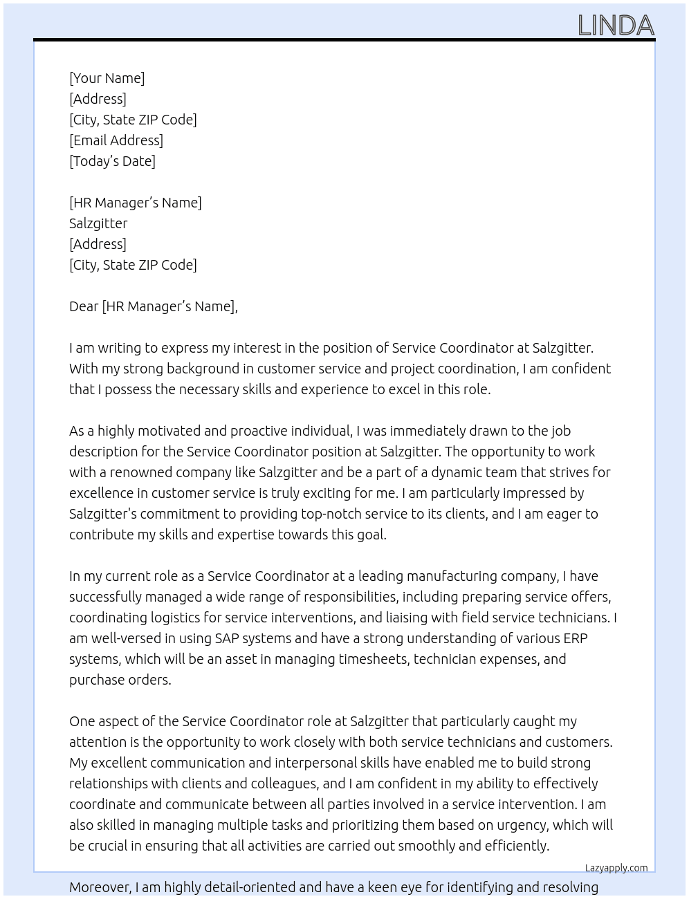 Service cordinator At salzgitter Cover Letter