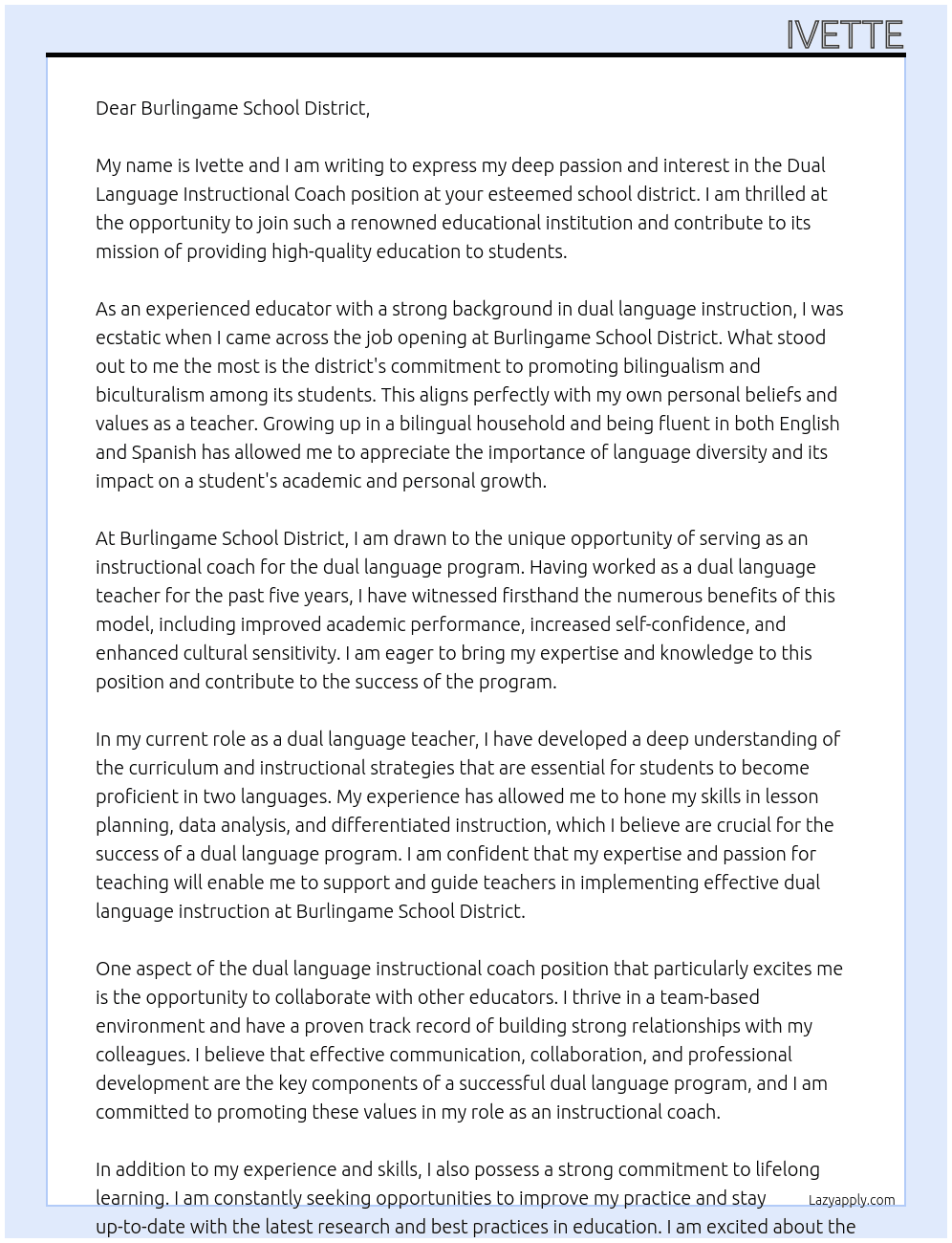 Dual Language Instructional Coach At Burlingame School District Cover Letter