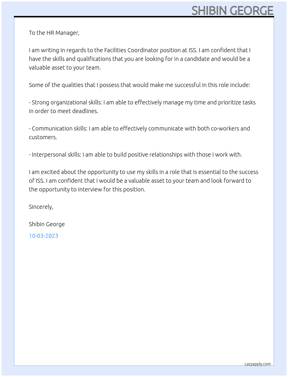 Facilities Coordinator At ISS Cover Letter