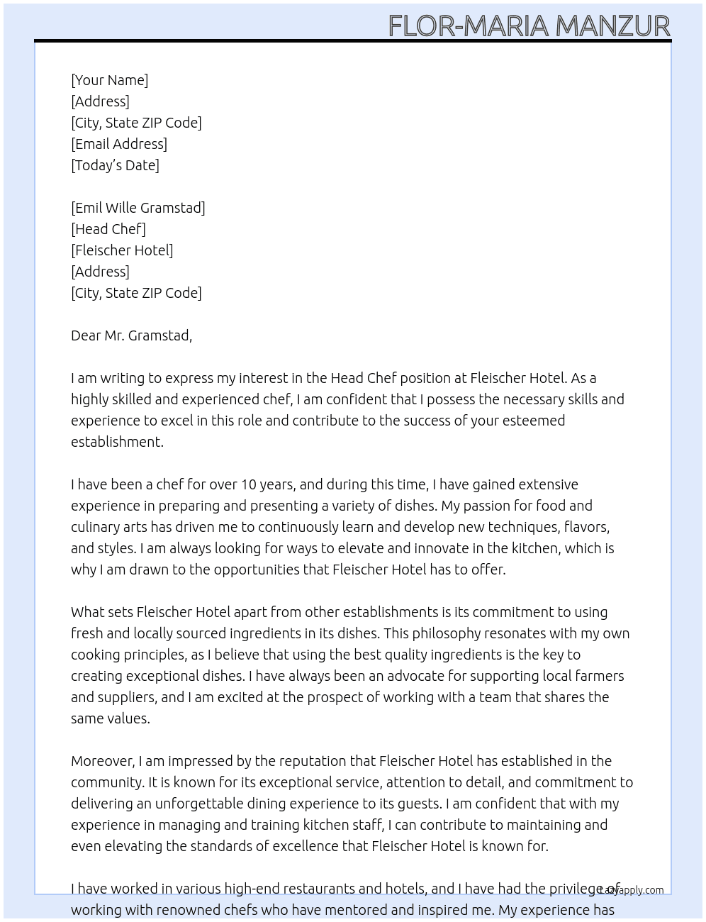 Head chef At Fleischer Hotel Cover Letter