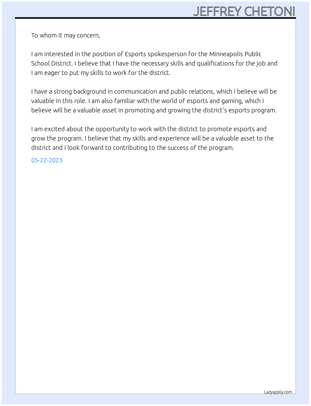 Esports spokesperson At Minneapolis Public School District Cover Letter