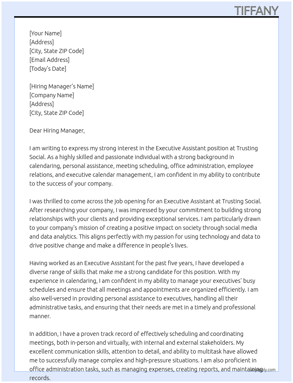 Executive Assistant At Trusting Social  Cover Letter