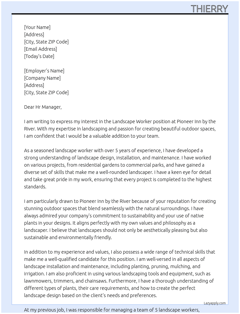 landscape worker At Pioneer Inn by the River  Cover Letter