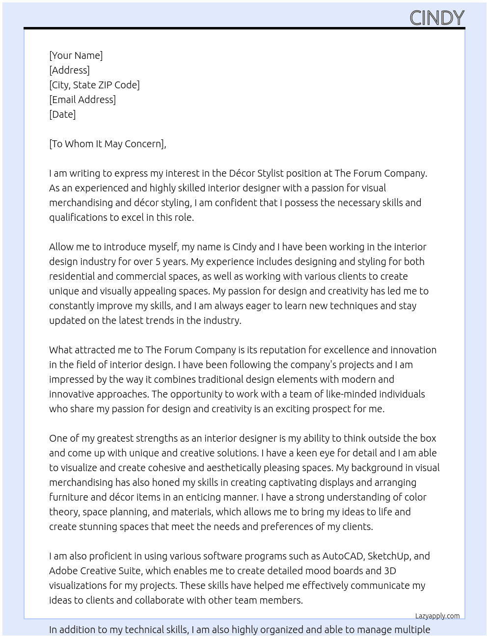 Décor Stylist At The Forum Company  Cover Letter