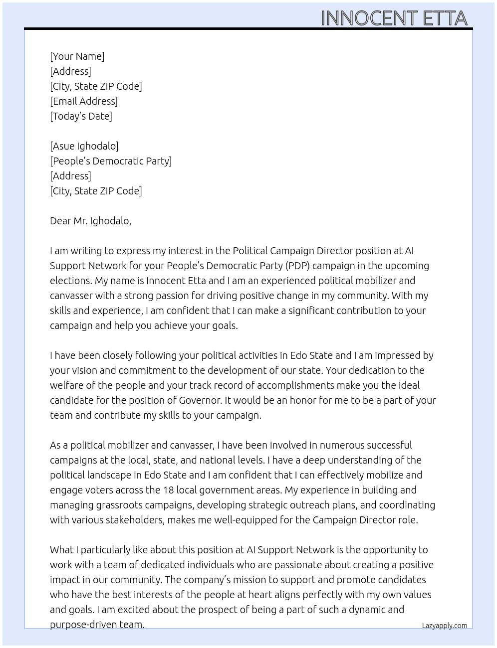 Political campaign director  At AI Support Network  Cover Letter