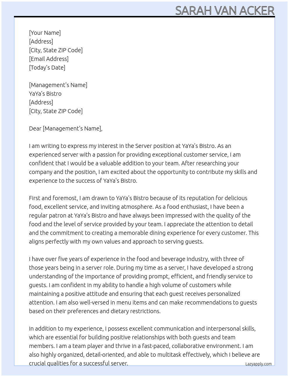server At YaYa's Biestro  Cover Letter