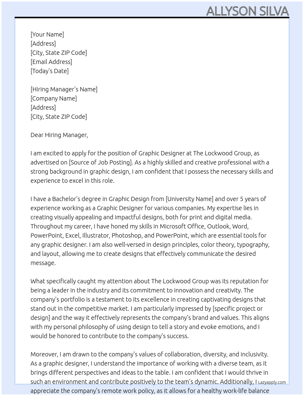 Graphic Designer  At The Lockwood Group Cover Letter