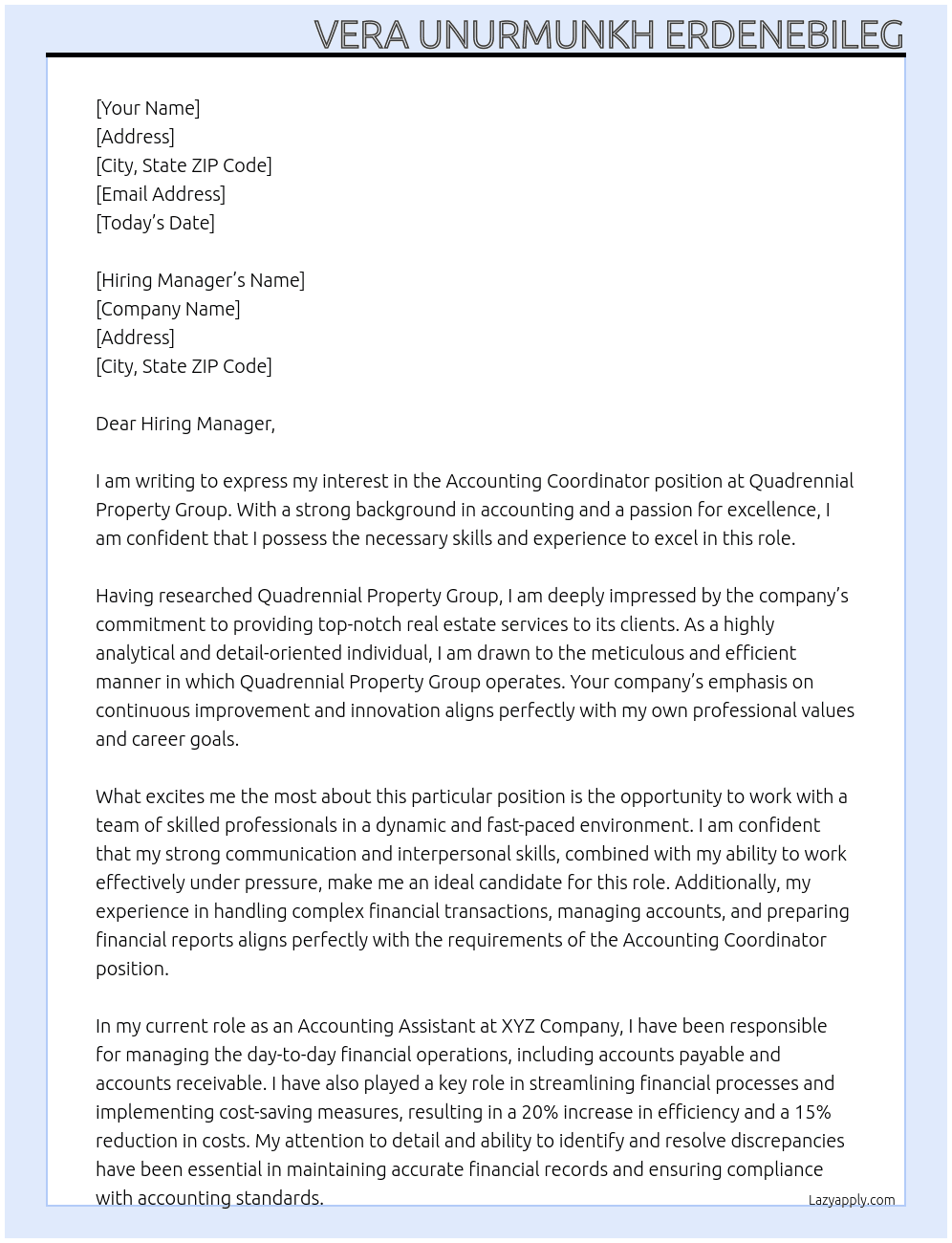 Accounting Coordinator  At Quadrennial Property Group Cover Letter