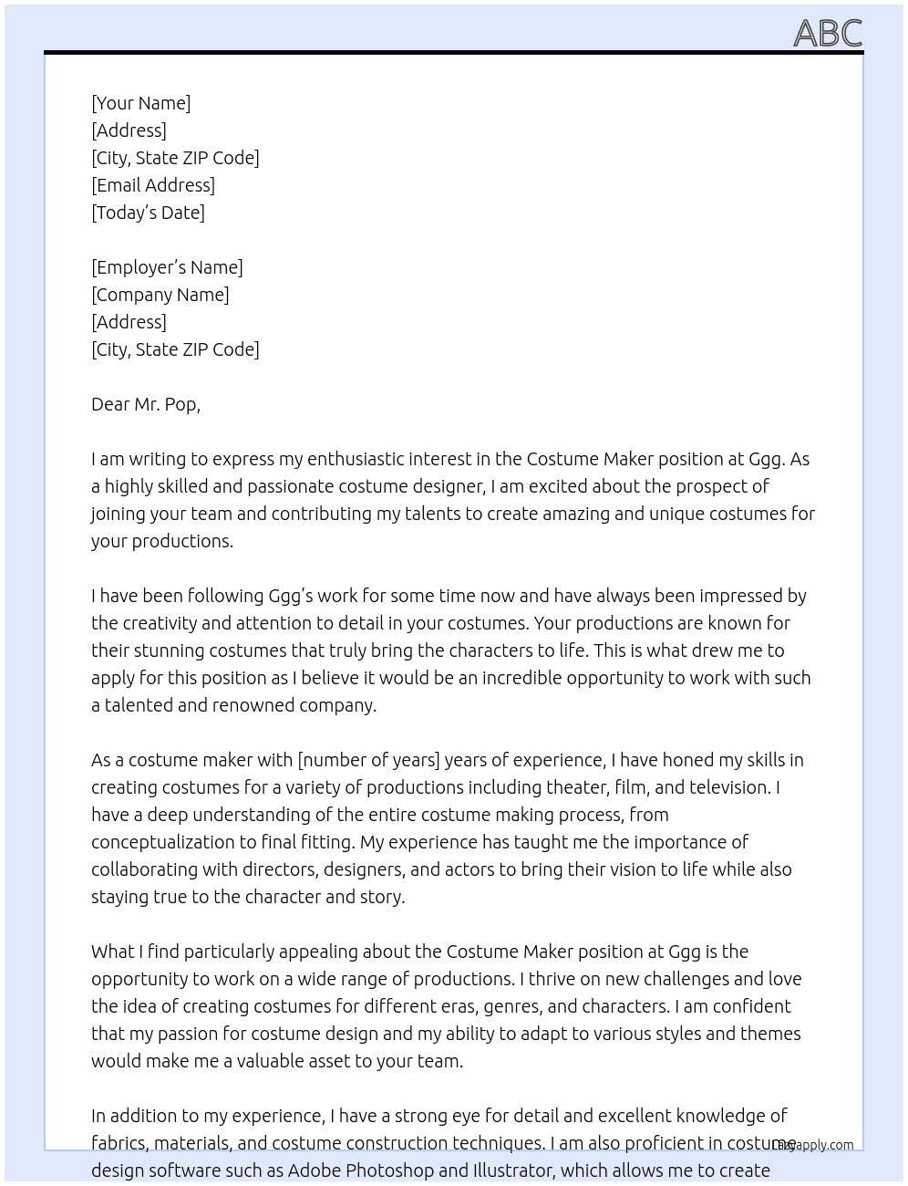 Costume maker  At Ggg Cover Letter