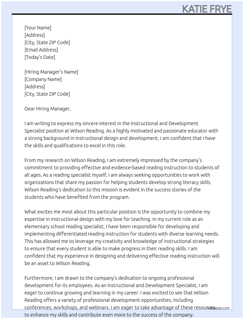 Instructional and Development Specialist At Wilson Reading Cover Letter
