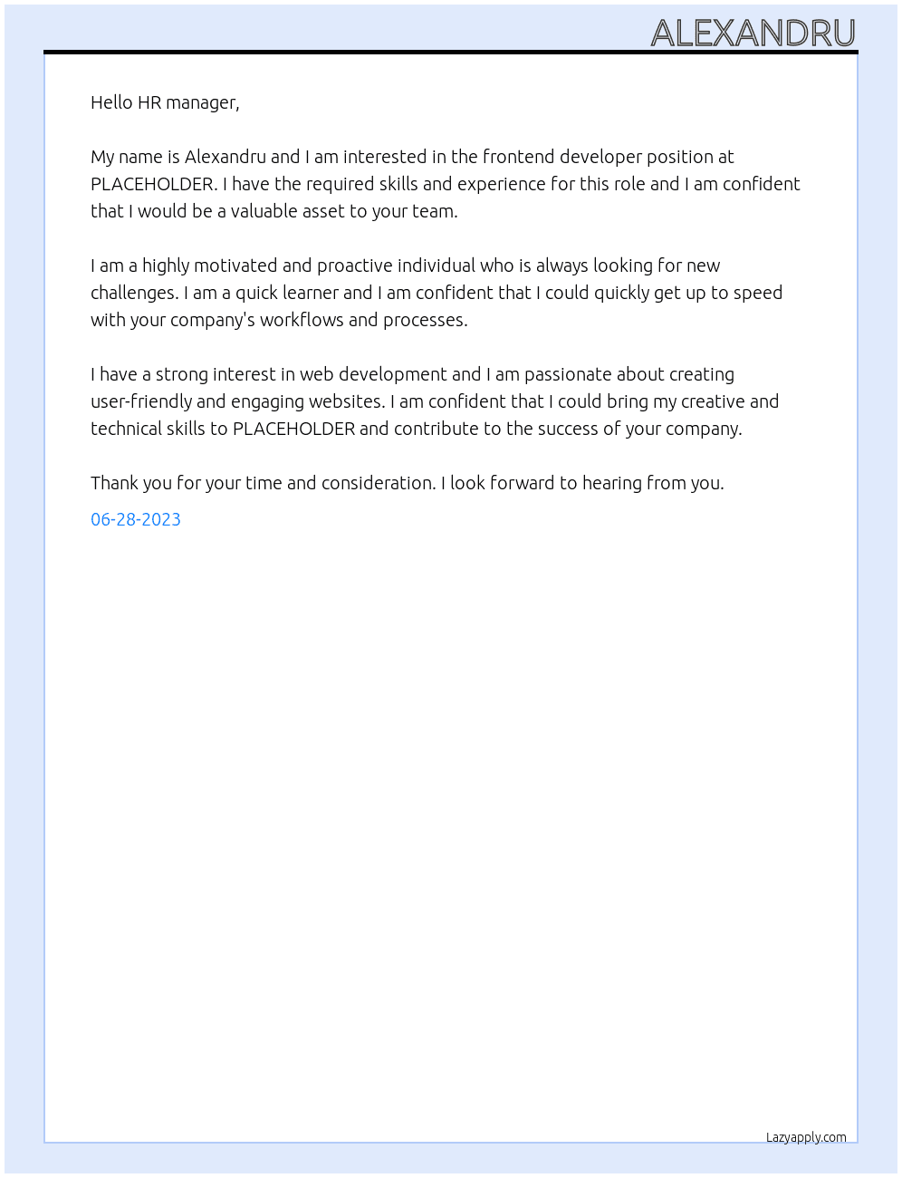 Frontend Developer At PLACEHOLDER Cover Letter