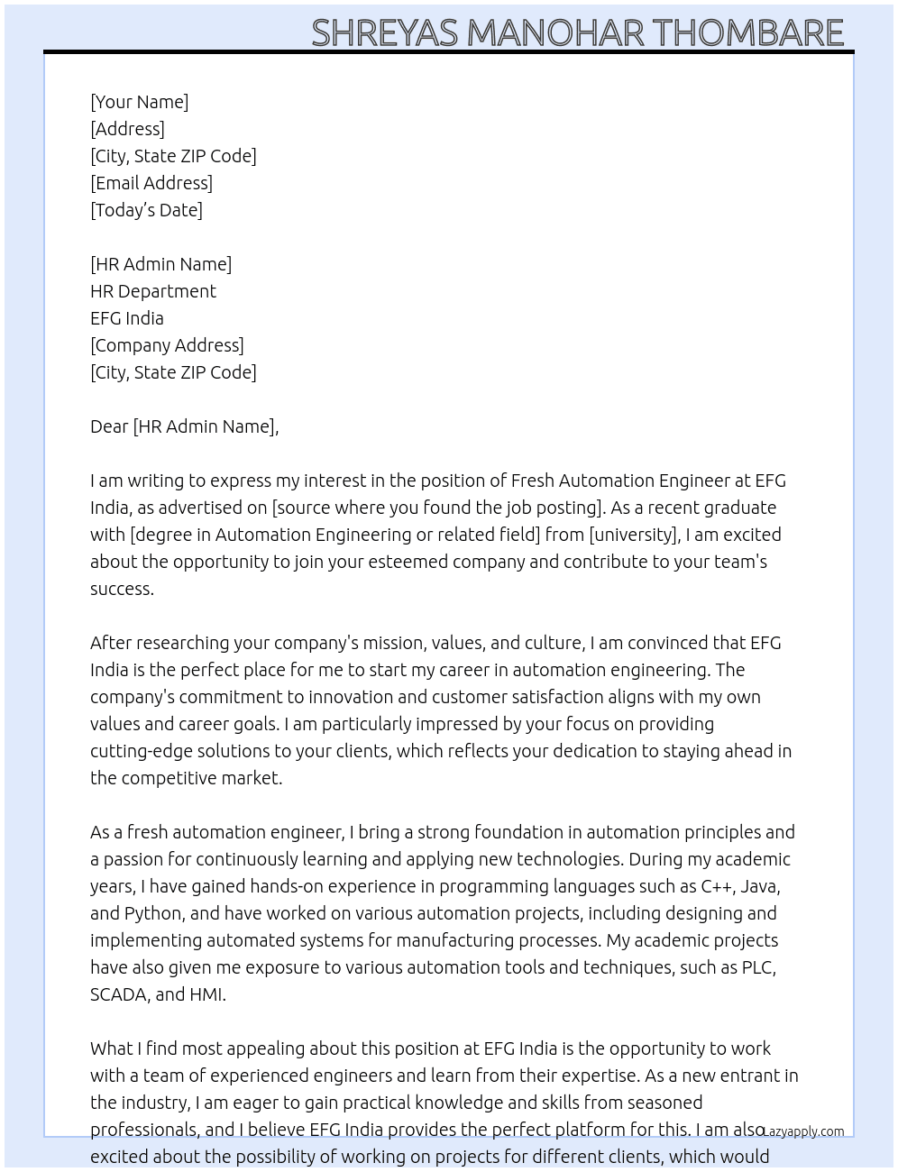 Fresh Automation Engineer  At EFG India  Cover Letter