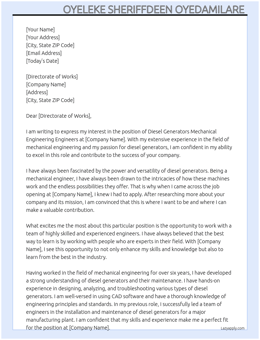 DIESEL GENERATORS MECHANICAL ENGINEERING ENGINEERS  At DIESEL GENERATORS MECHANICAL ENGINEERING ENGINEERS  Cover Letter