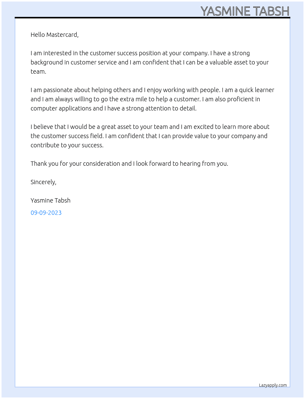 Customer success At Mastercard Cover Letter