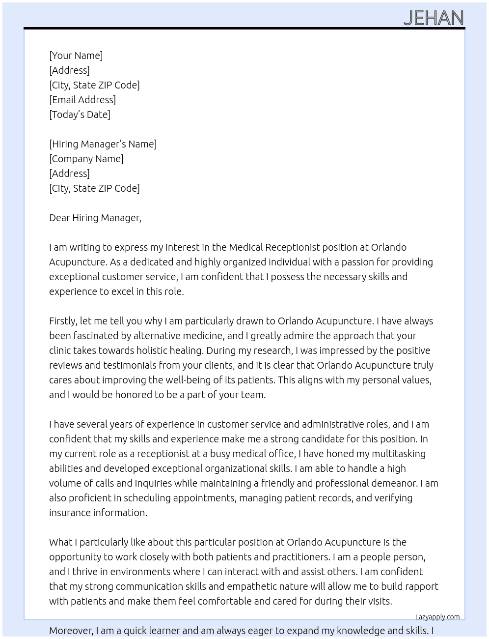 Medical Receptionist At Orlando Acupuncture Cover Letter