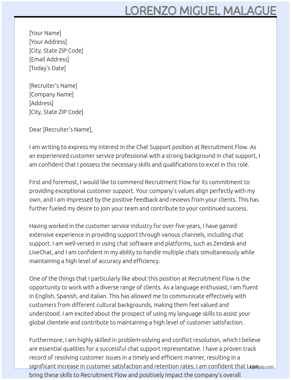 Chat support At recruitment flow Cover Letter