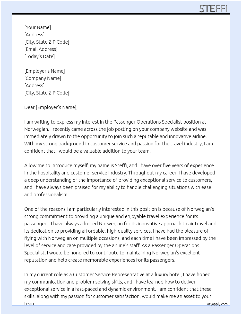 passenger operations specialist At norwegian Cover Letter