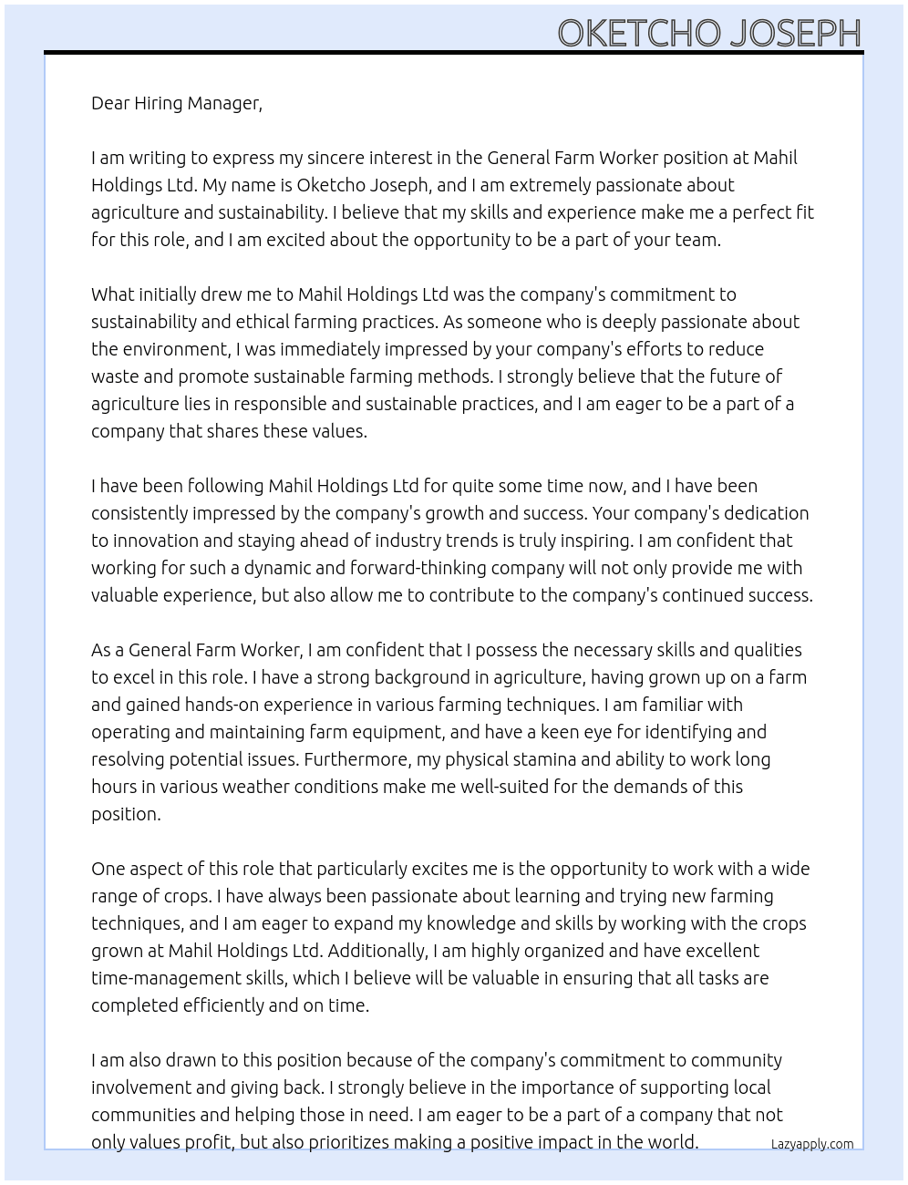 General farm worker  At Mahil Holdings Ltd  Cover Letter