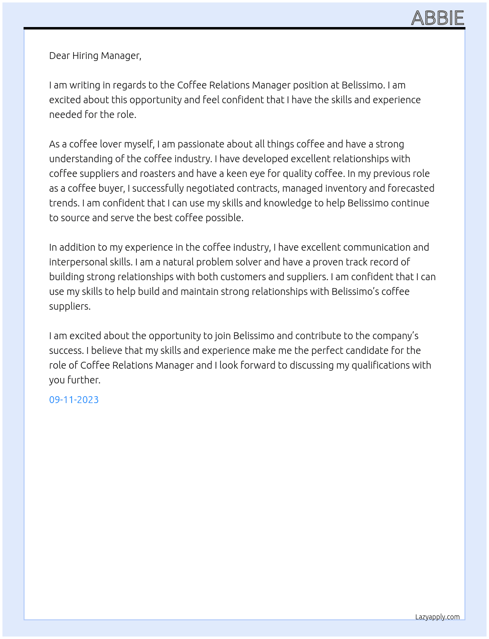 Coffee relations manager At Belissimo Cover Letter