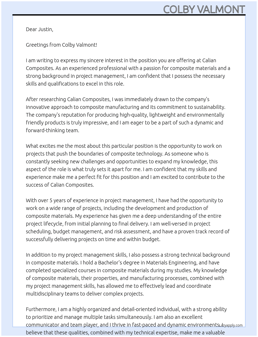 Justin At Calian Composites Cover Letter