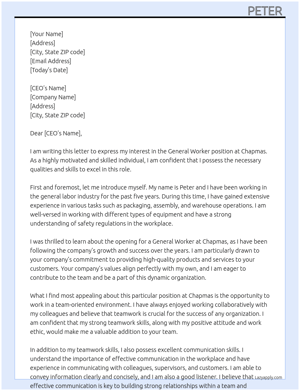 General worker  At Chapmas  Cover Letter