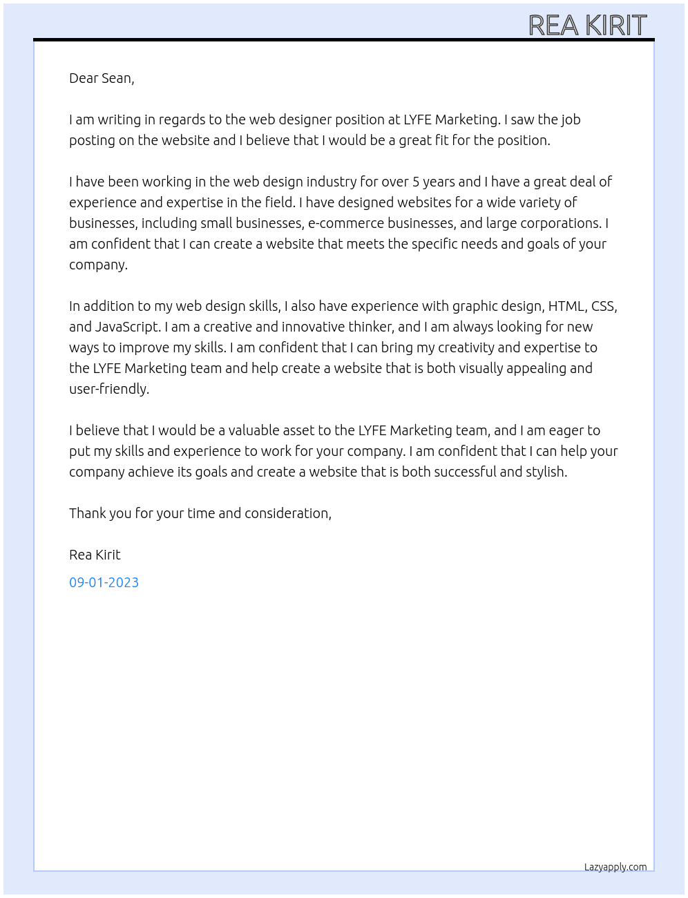 Web Designer At LYFE Marketing Cover Letter