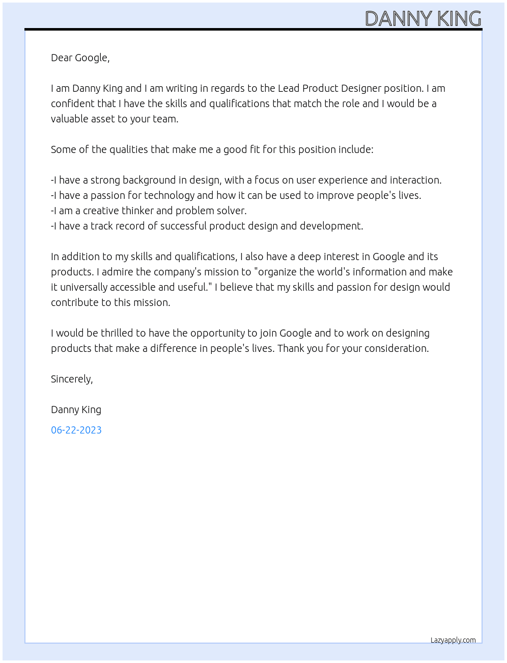 Lead Product Designer At Google Cover Letter