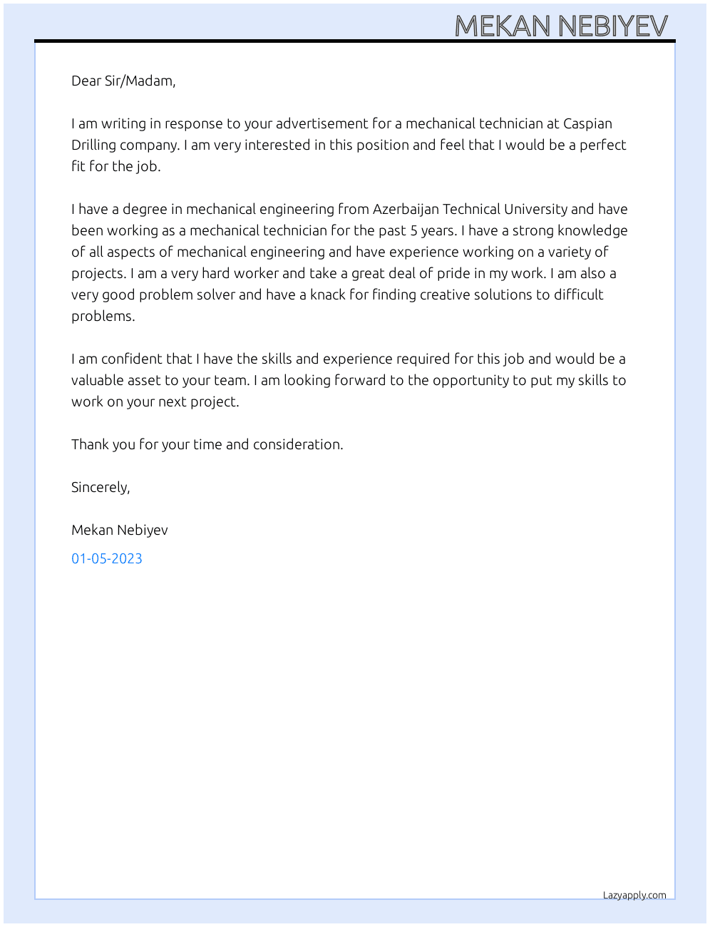Mechanical technician  At Caspian Drilling company  Cover Letter