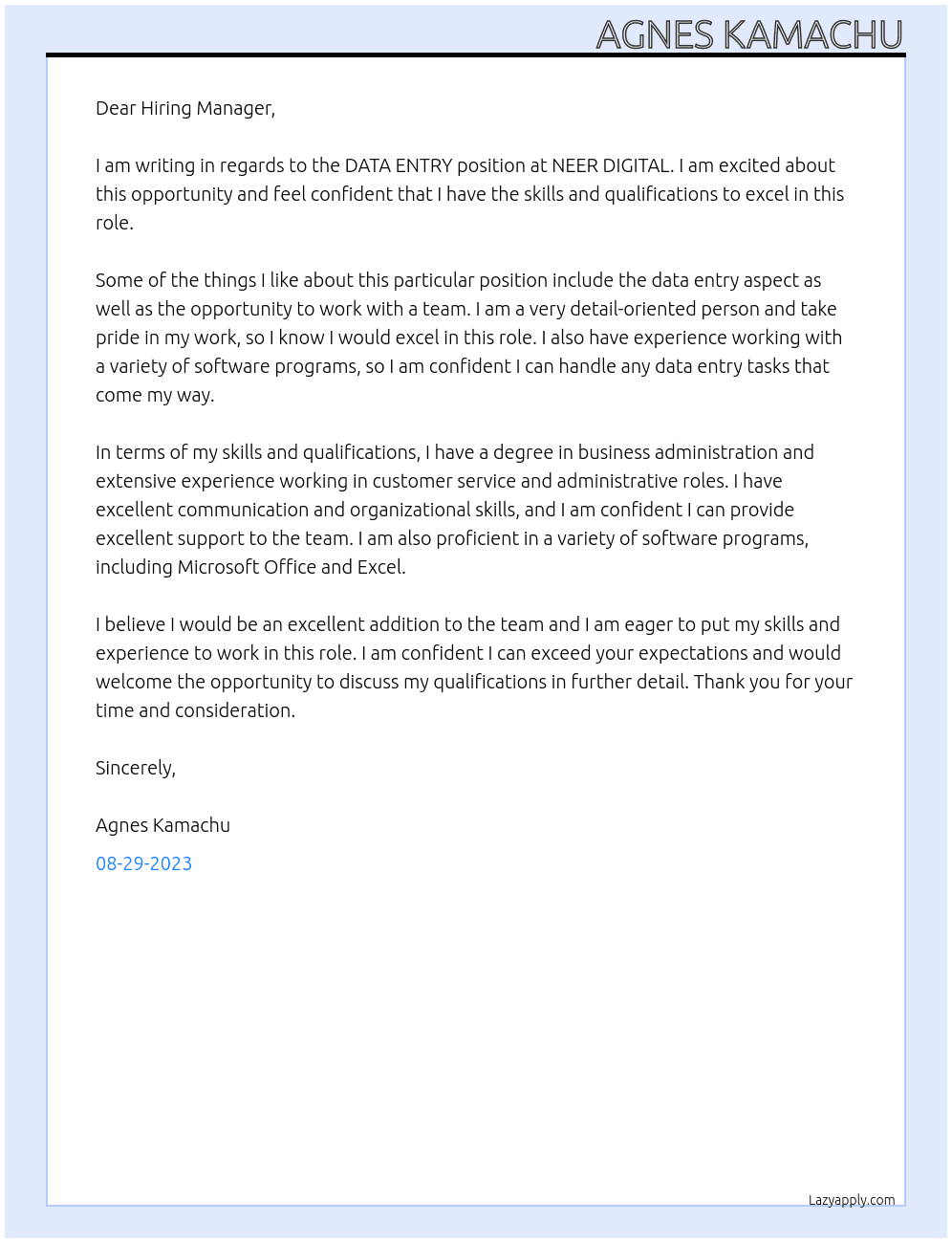 DATA ENTRY At NEER DIGITAL Cover Letter