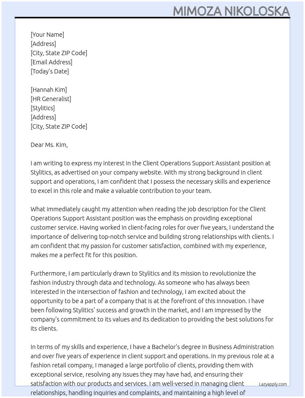 Client Operations Support Assistant At Stylitics Cover Letter
