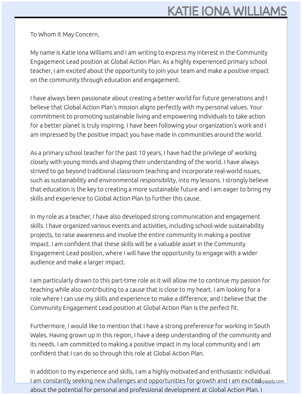 Community Engagement Lead - Good Life Schools At Global Action Plan Cover Letter