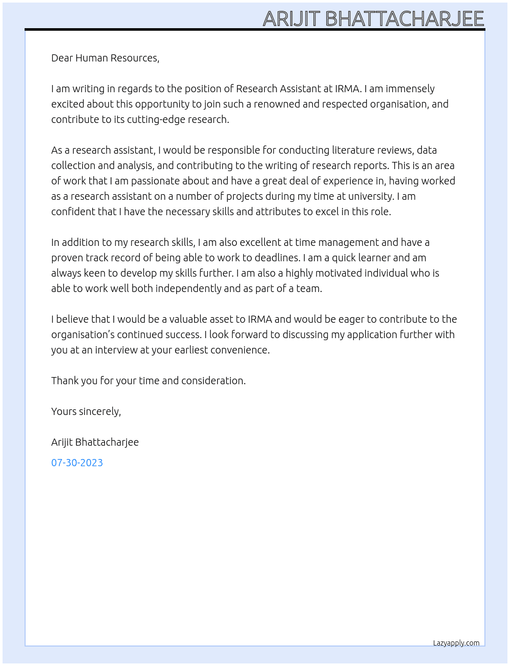 Research Assistant At IRMA Cover Letter