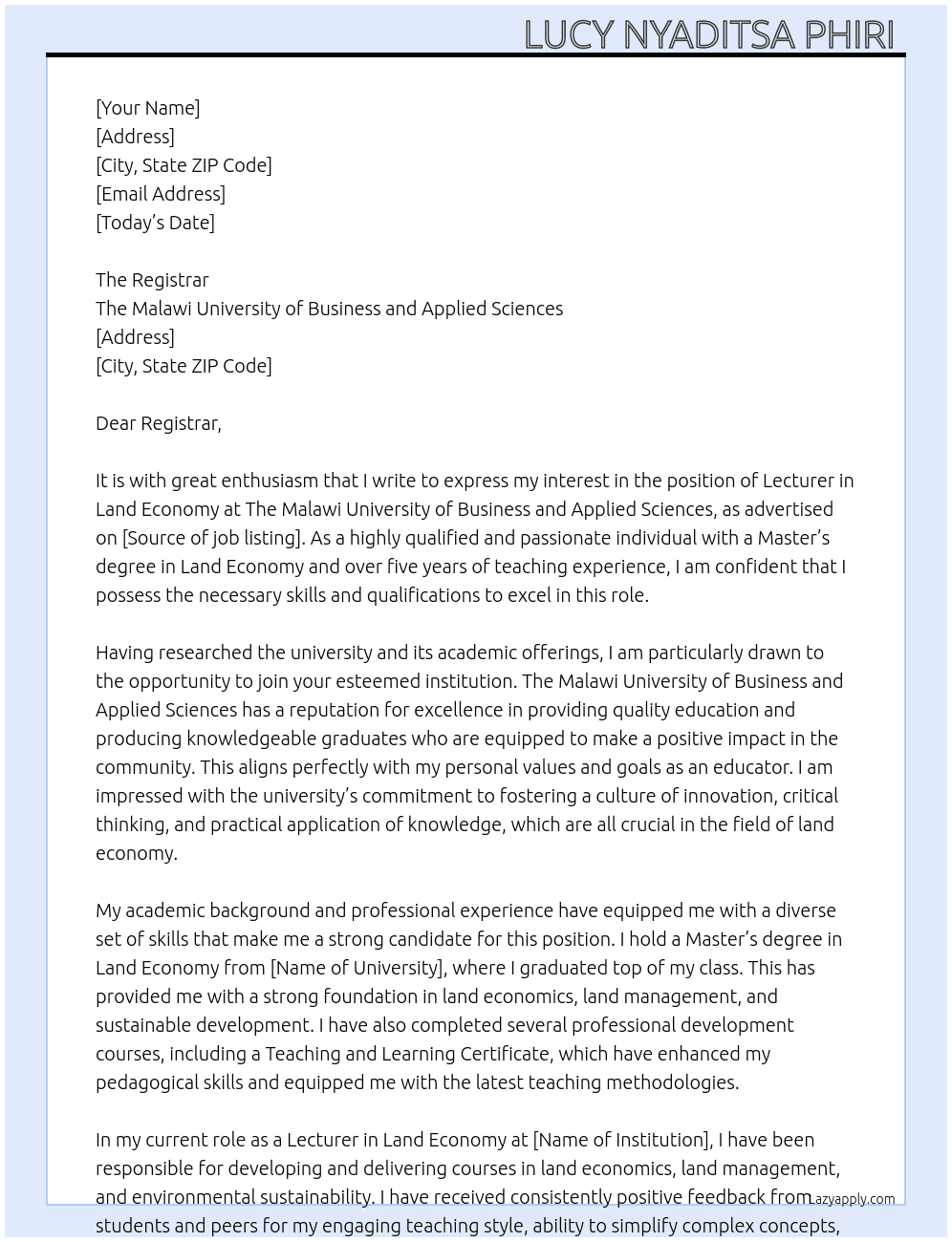 Lecturer in land economy  At The Malawi University of Business and Applied Sciences  Cover Letter