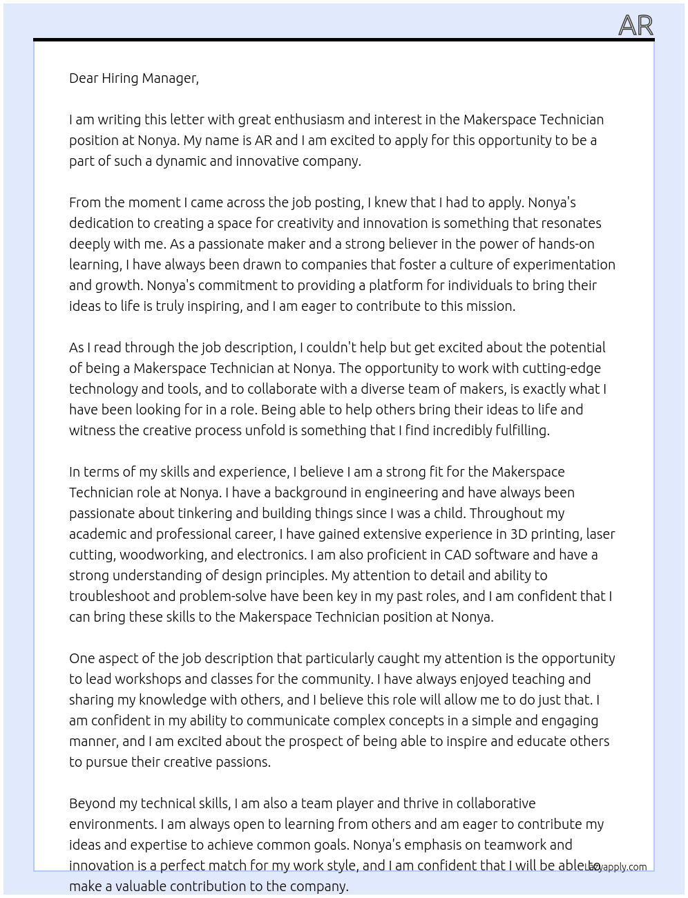 Makerspace technician At Nonya Cover Letter