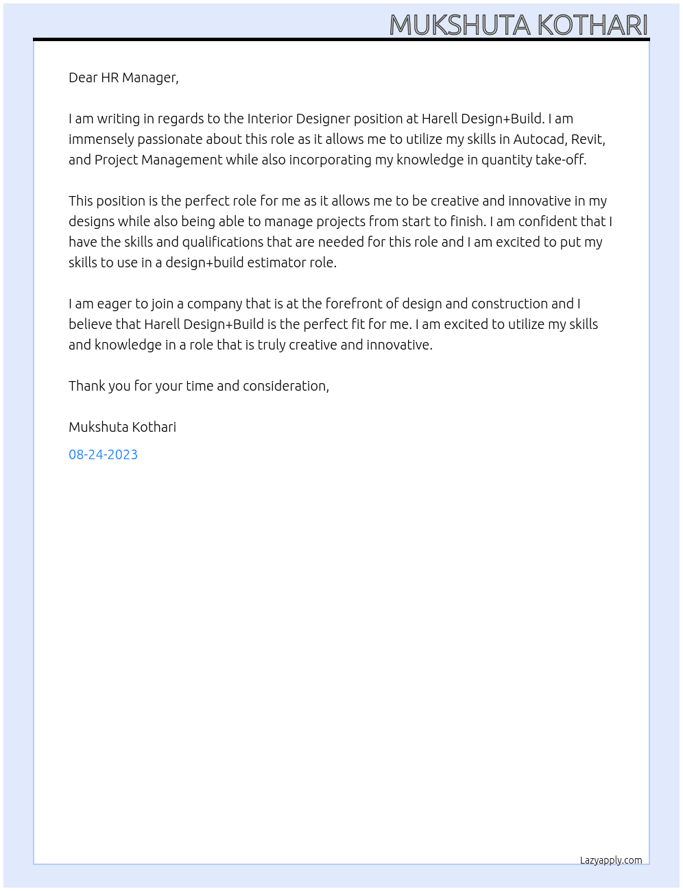 Interior designer At Harell Design+Build Cover Letter