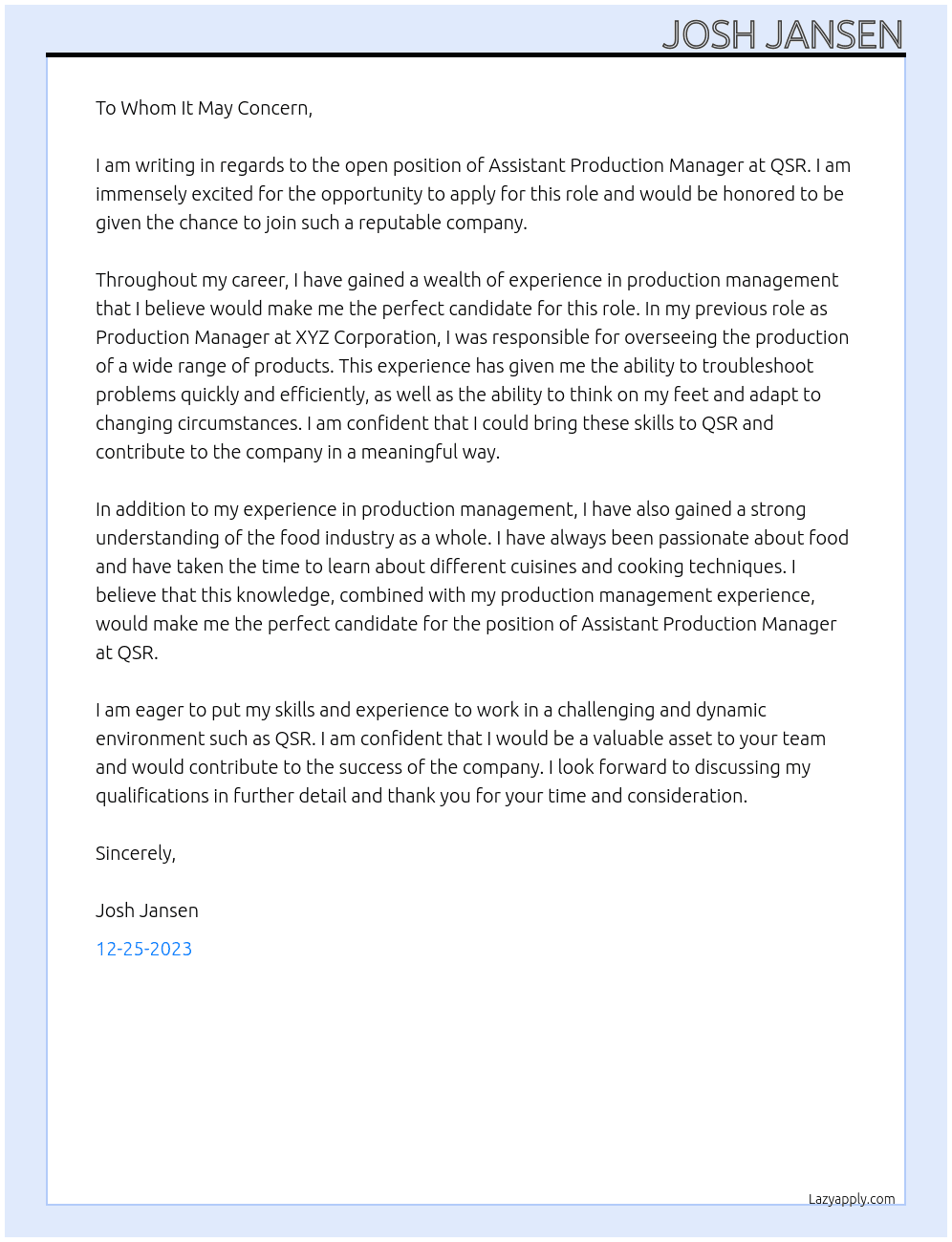 Assistant Production Manager At QSR Cover Letter