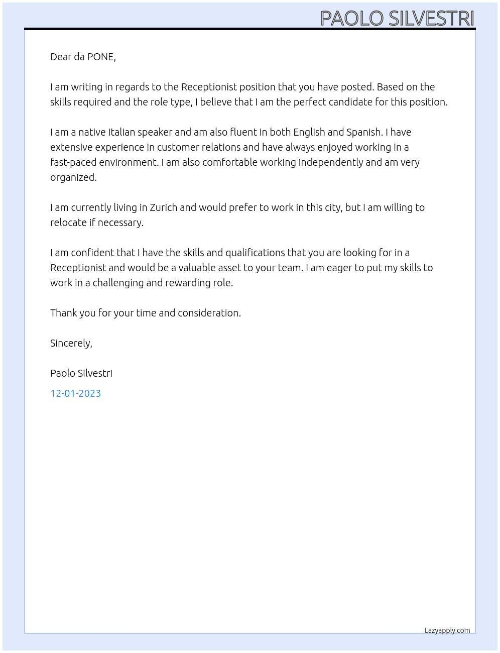 Receptionist At da PONE Cover Letter