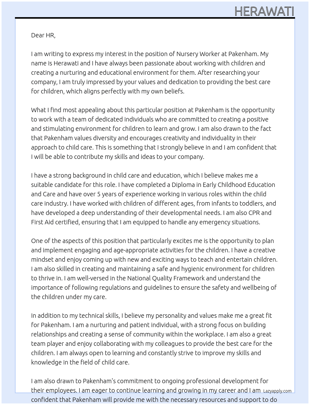 nursery worker At pakenham Cover Letter