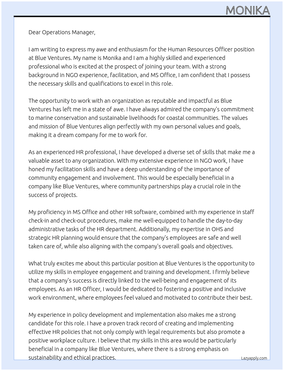 Human Resources Officer At Blue Ventures Cover Letter