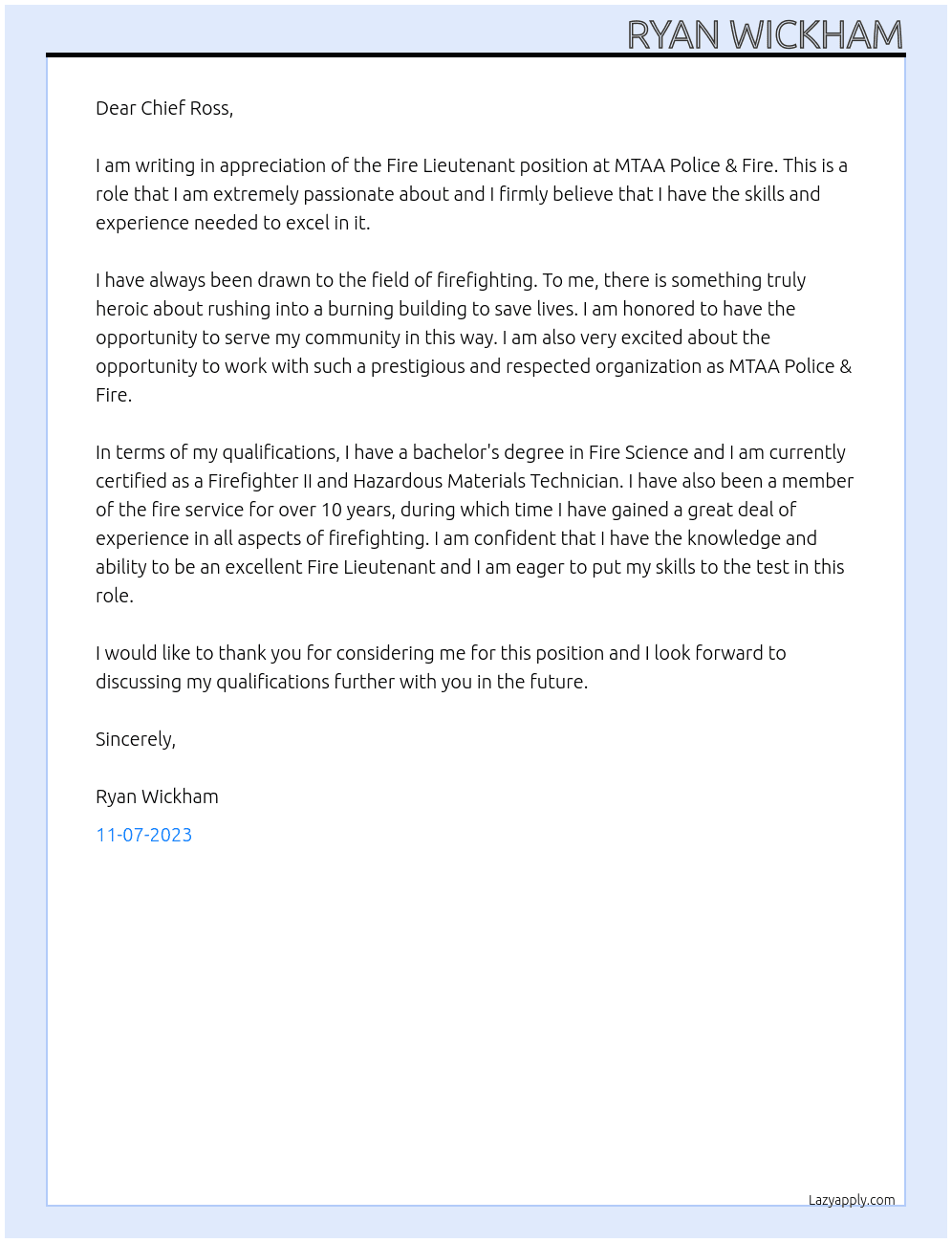 Fire Lieutenant  At MTAA Police & Fire Cover Letter