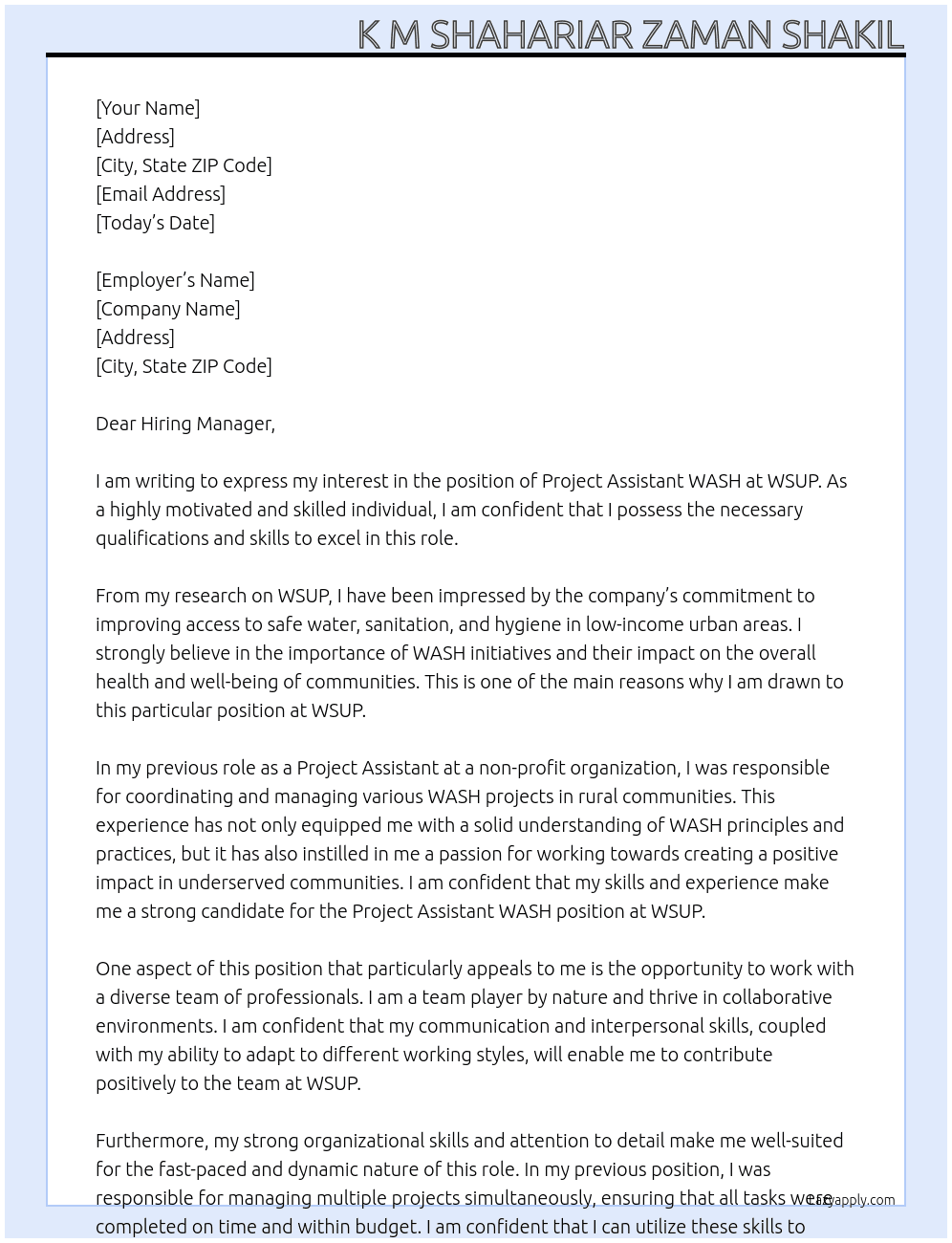 Project Assistant WASH At WSUP Cover Letter