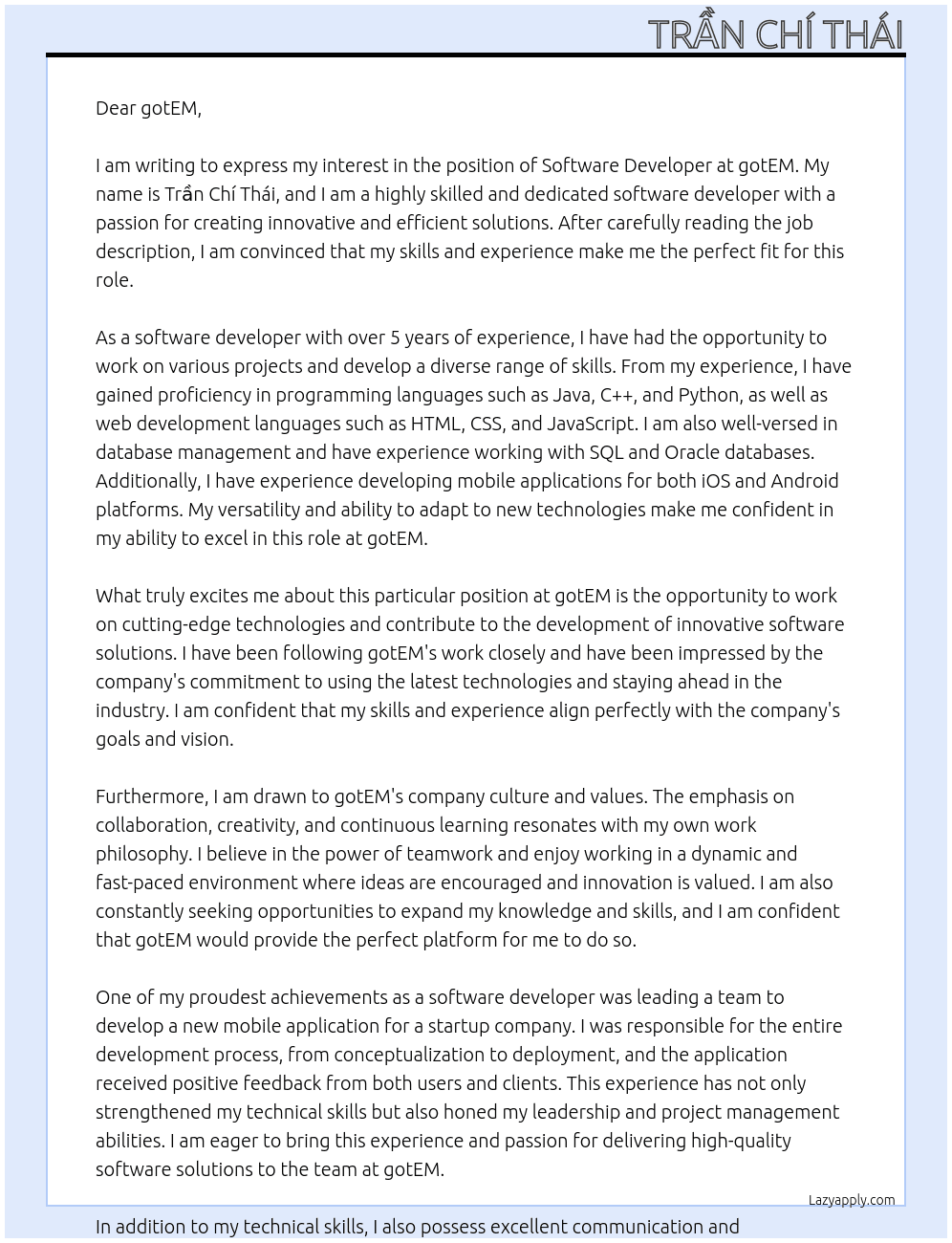 Software Developer At gotEM Cover Letter